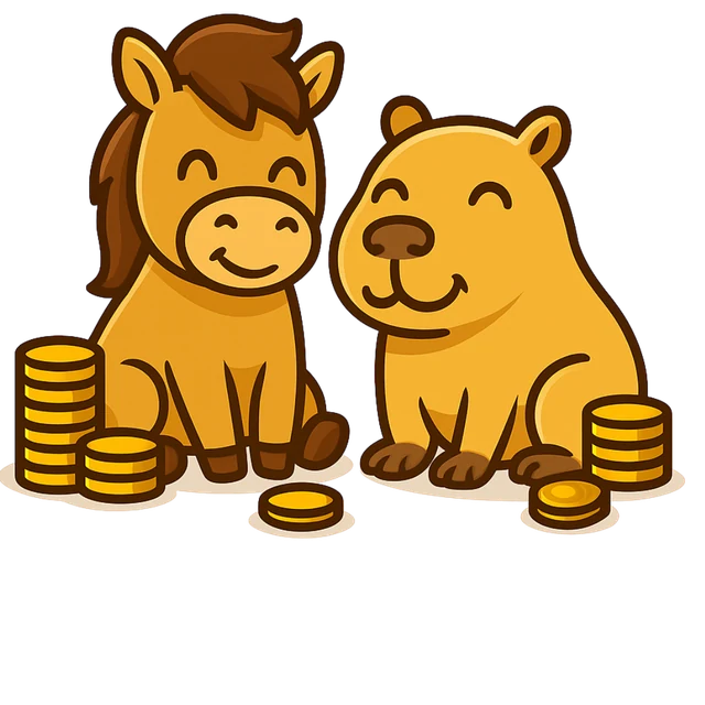 Capibara y caballo junto a pilas de monedas