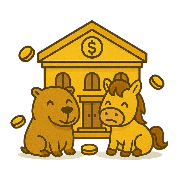 Capibara y caballo frente a un banco