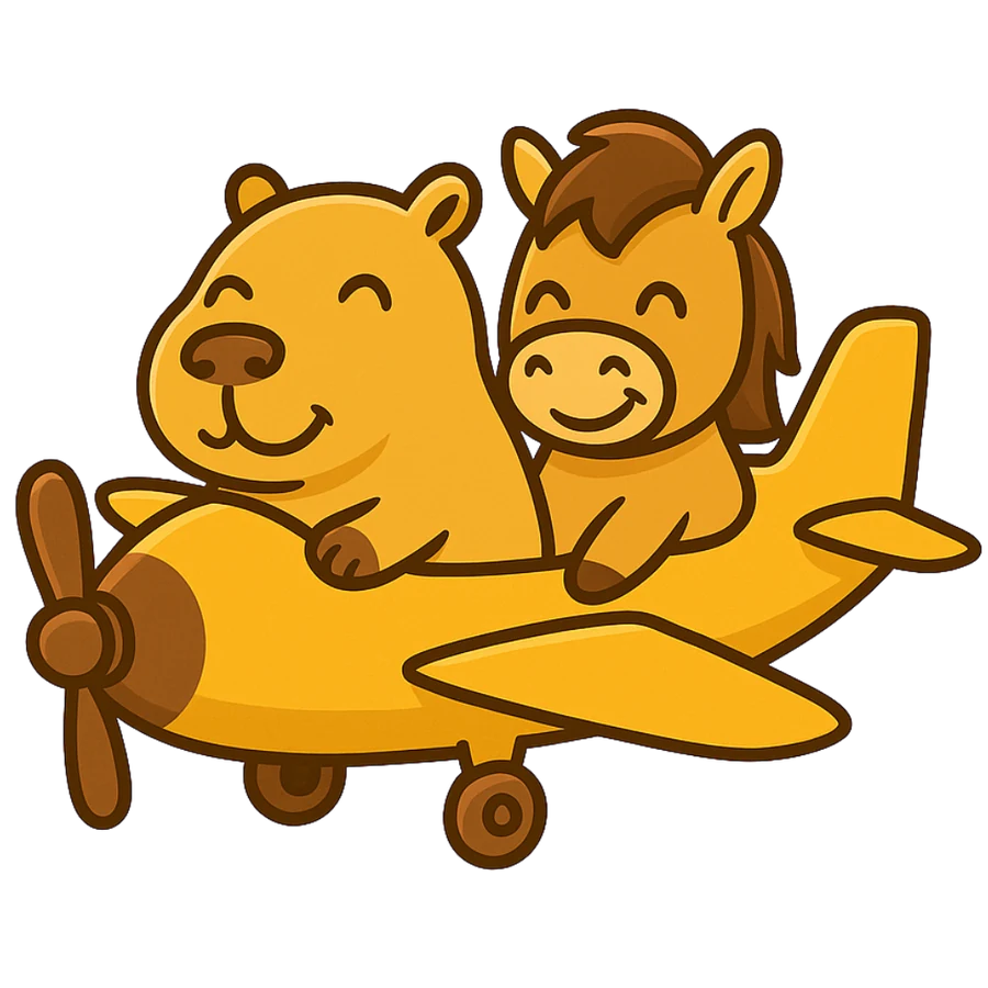 Capibara y caballo volando en un avión de papel