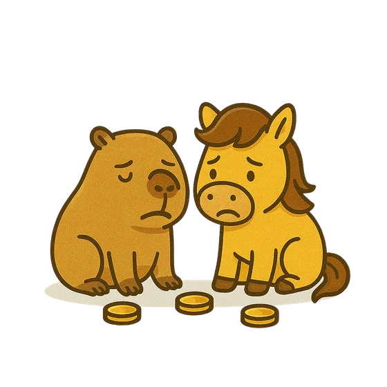 Capibara y caballo tristes con pocas monedas